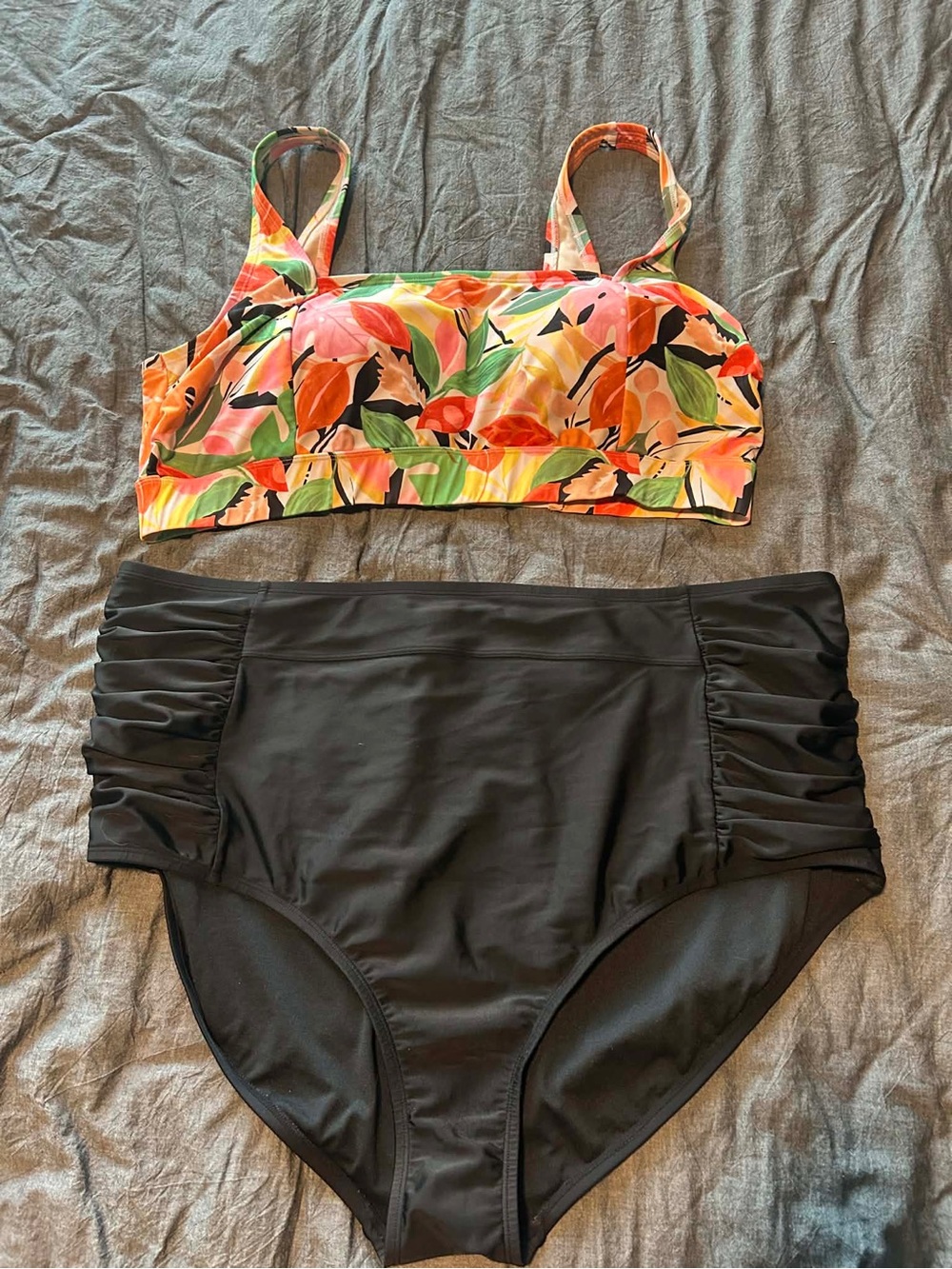 Kona Sol Floral Crop Bikini Top with Black Bottoms